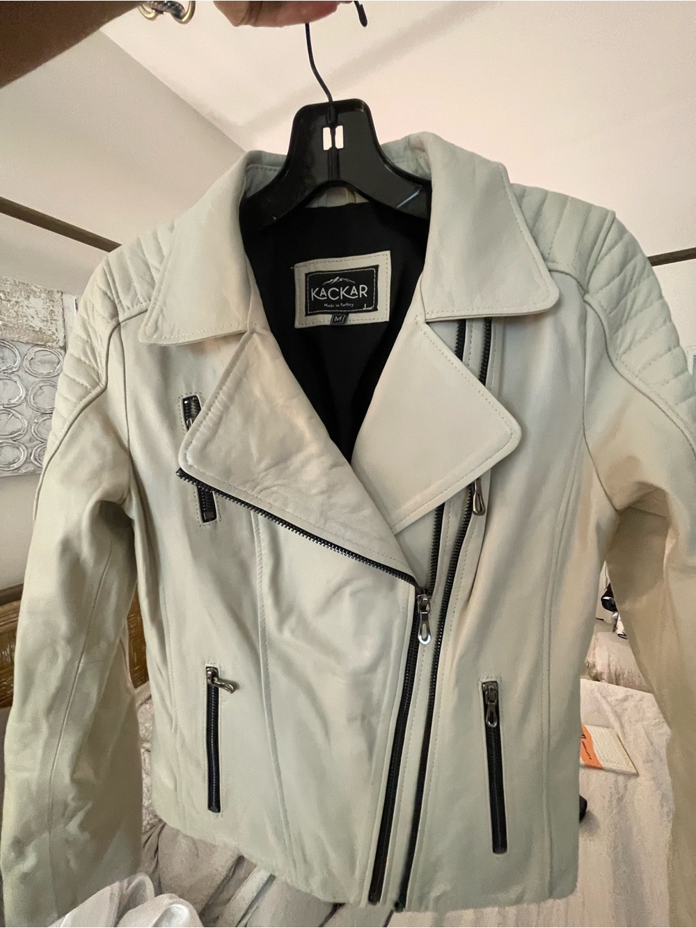 INSANELY NICE LEATHER JACKET MODERN MOTO PERFECT BLENDED  BONE WHITE SM MEDI NEW
